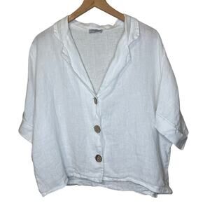 Pure Venice 100% Linen White Button Up Short Sleeve Cropped Minimalist Top Small